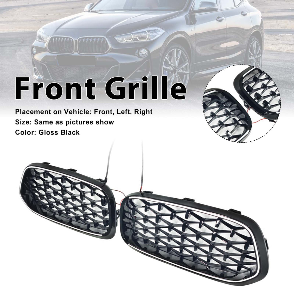 Black Front Bumper Grill Grille Pour BMW X2 Series F39 2018-2023 Diamond