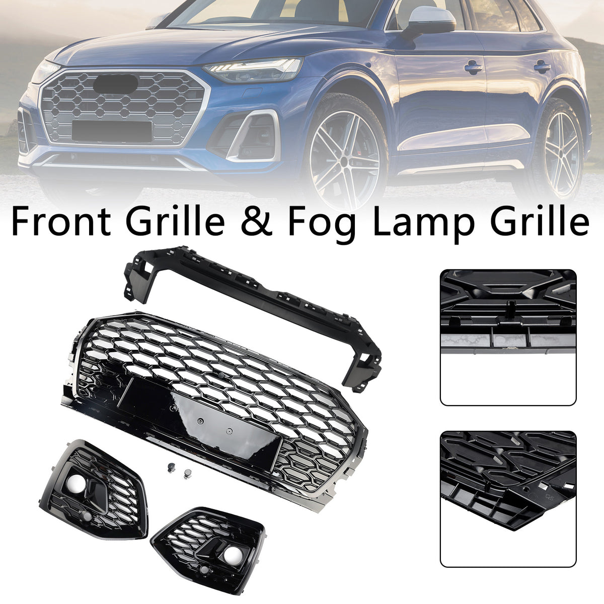 Front Bumper Grille Honeycomb Grill & Fog Light Cover Pour Audi Q5 2021-2025
