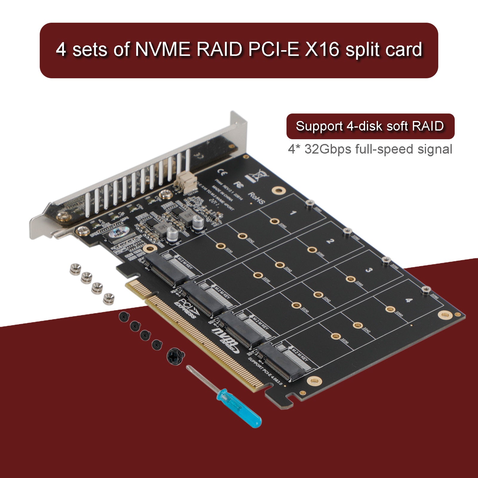 Carte Array 4 Disques NVME PH44 PCI-E X16 avec Répartition de Signal Support M.2 SSD