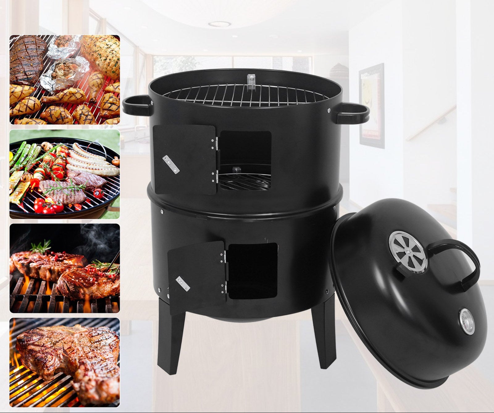 Fumoir au Charbon Portable 3-en-1 avec Thermomètre & Portes d’Accès