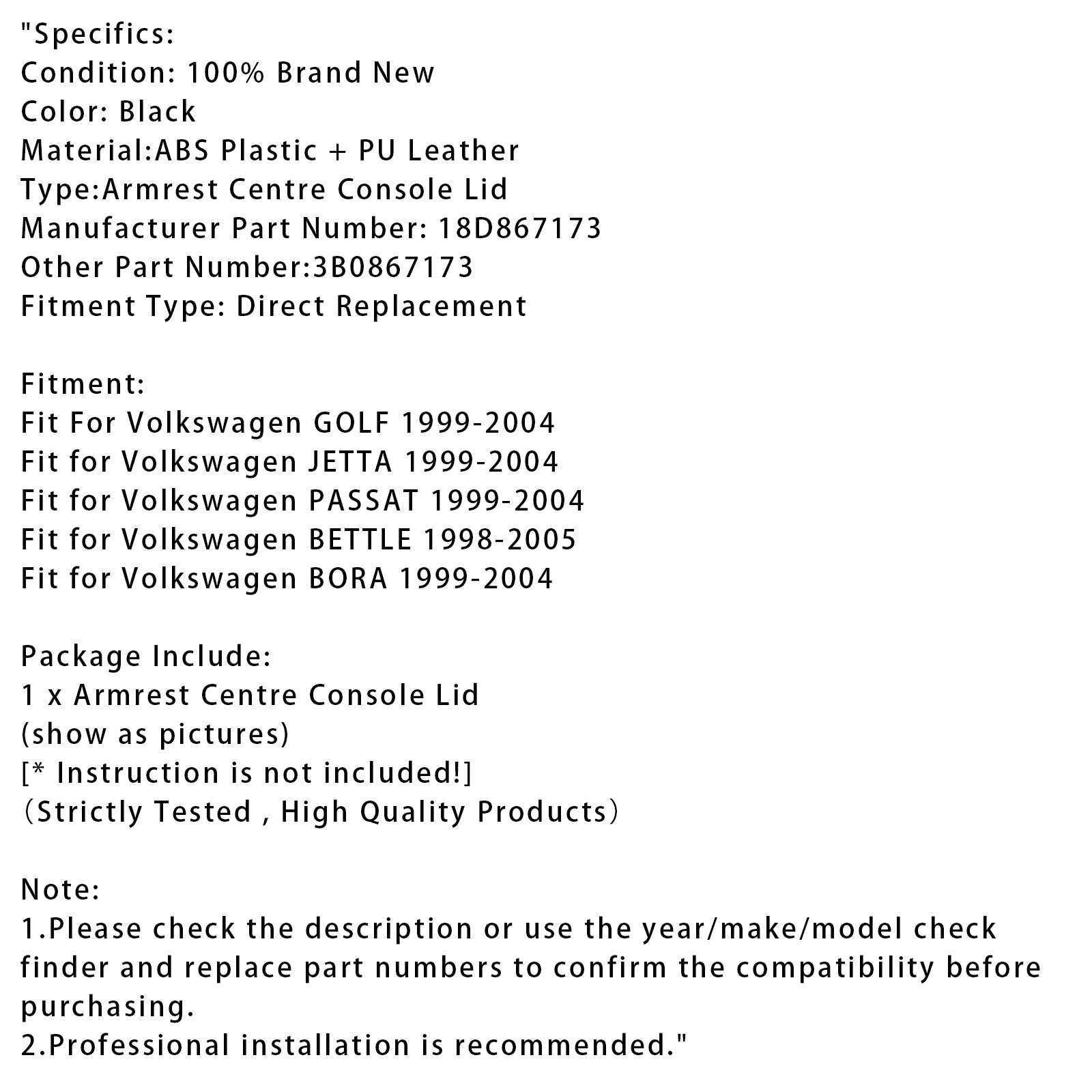 Coperchio console powerbag in pelle nera per VW Mk4 Jetta Bora Golf 18D867173