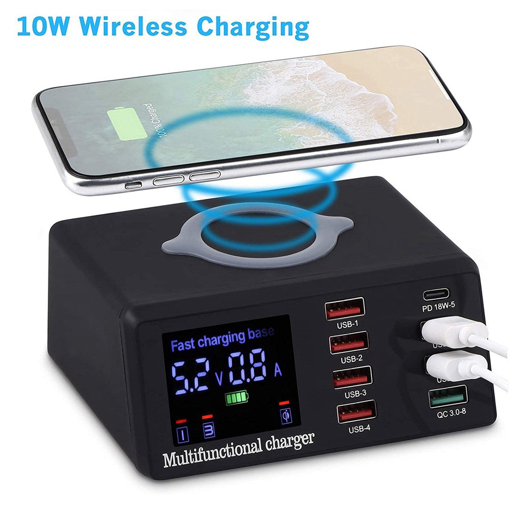 100W 8 Port USB QC3.0 Fast PD Chargeur Rapide Wireless Charging Station EU Plug