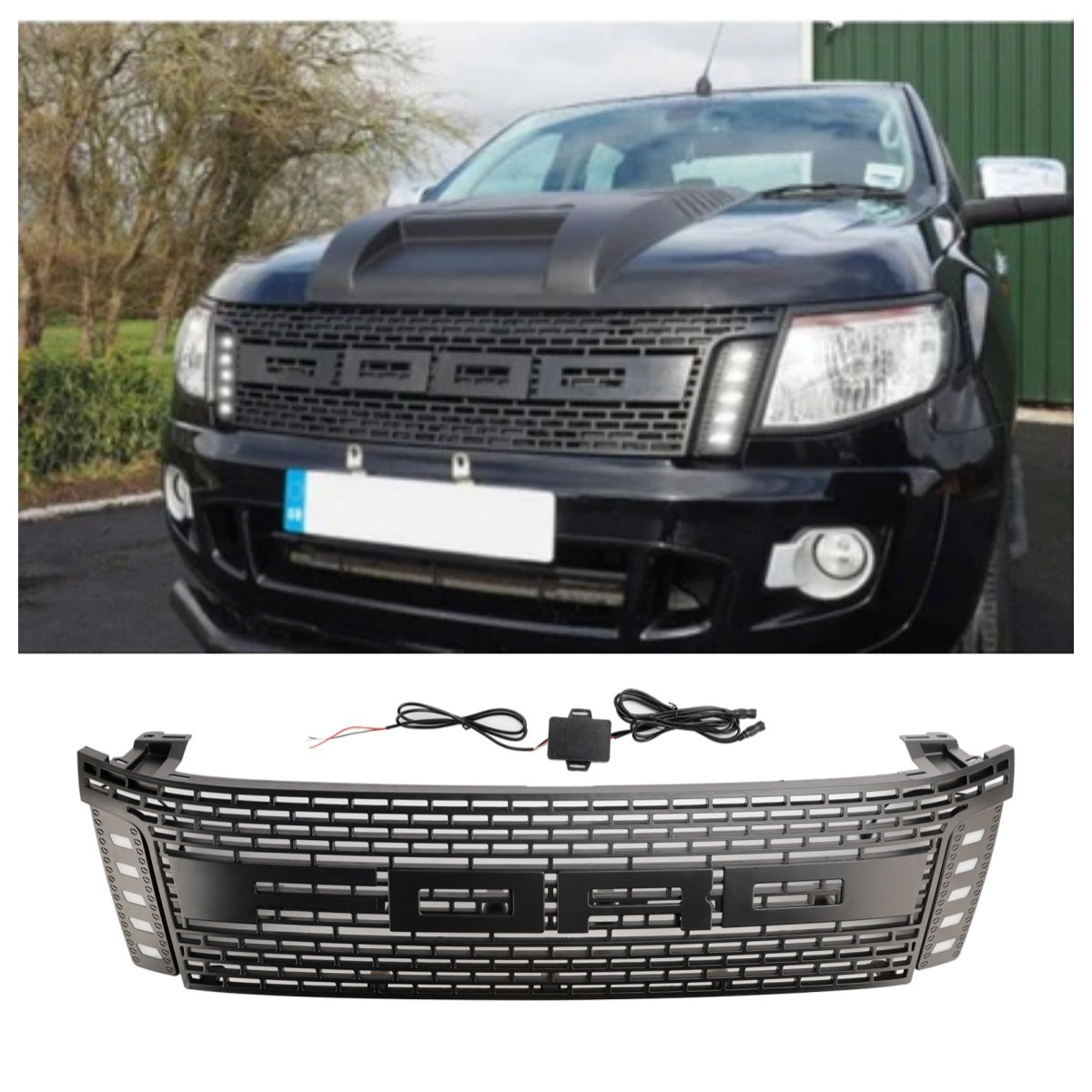 2012-2015 Ford Ranger T6 PX1 Raptor Front Grill Zgornji odbijač črne črne rešetke z LED lučmi