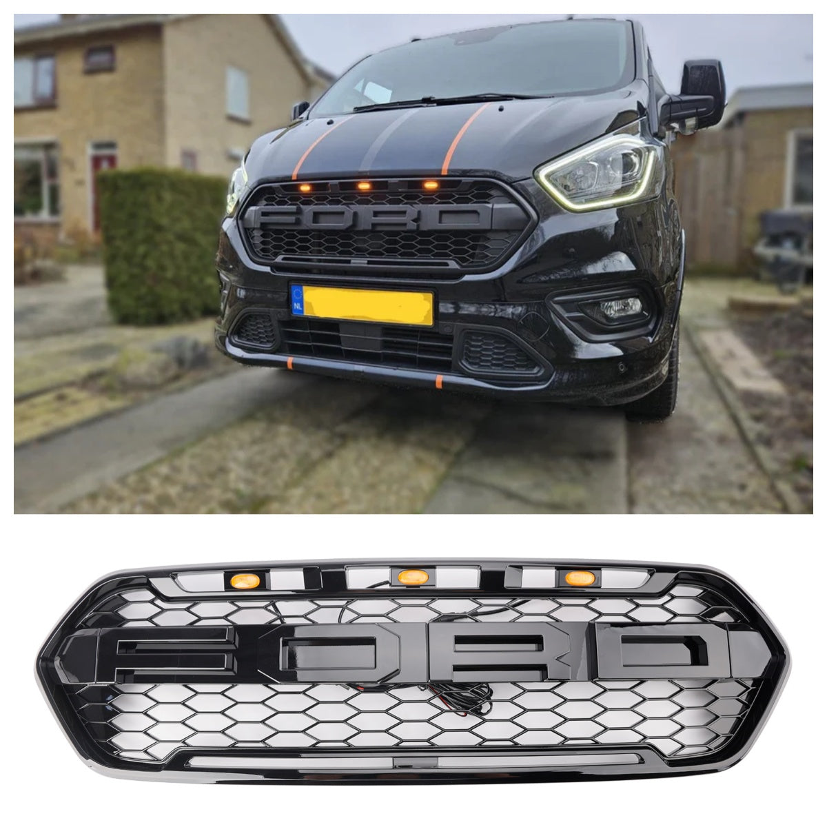 Griglia anteriore in stile Raptor a nido d'ape nero lucido per paraurti superiore del Ford Transit Custom/Tourneau Custom (2018-2023)