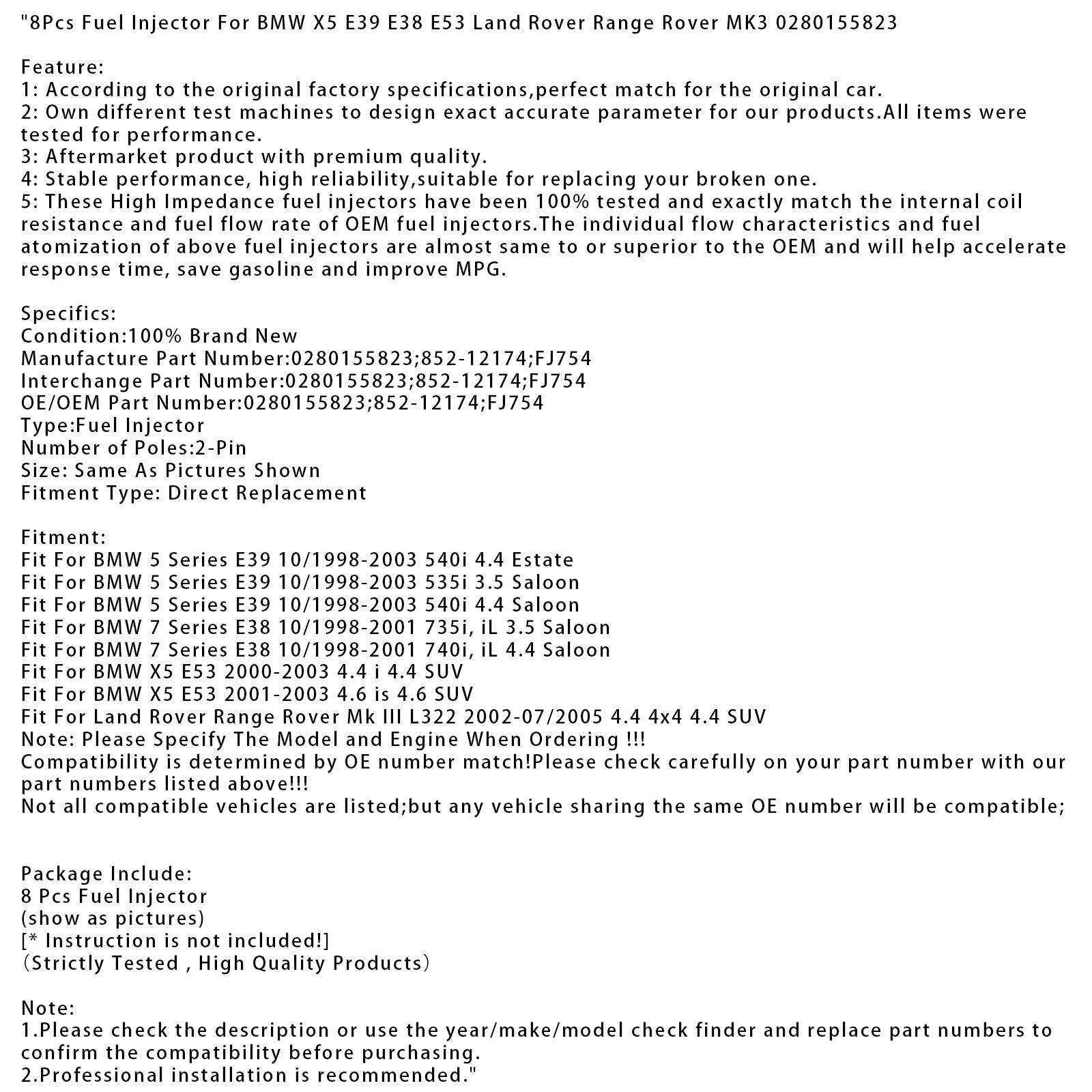 8 injecteurs de carburant pour BMW X5 E39 E38 E53 Land Rover Range Rover MK3 0280155823