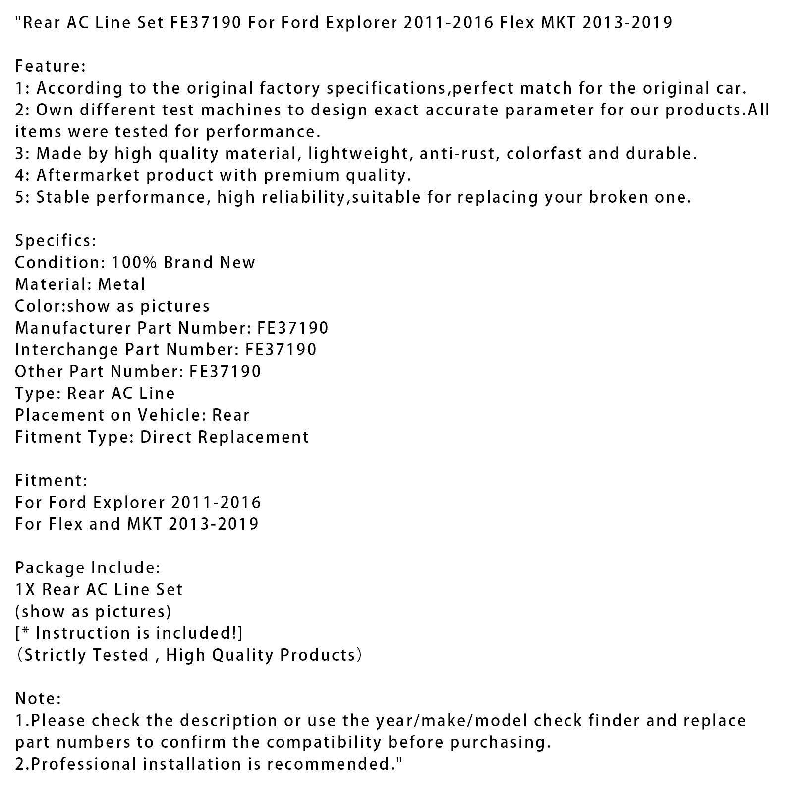 Ensemble de conduites de climatisation arrière Flex et MKT FE37190 2013-2019
