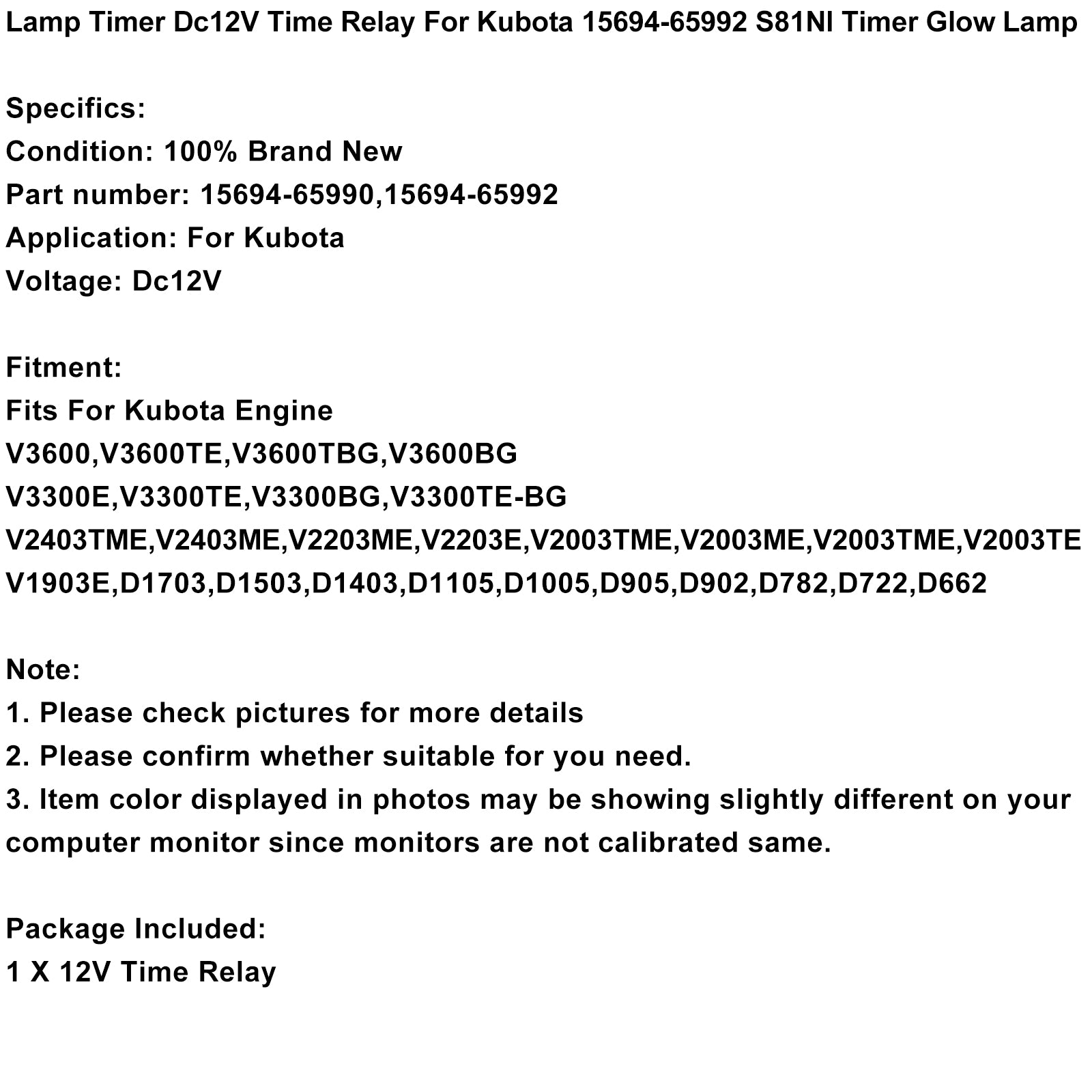 Relé de tiempo DC12V para lámpara incandescente con temporizador Kubota 15694-65992 S81Nl