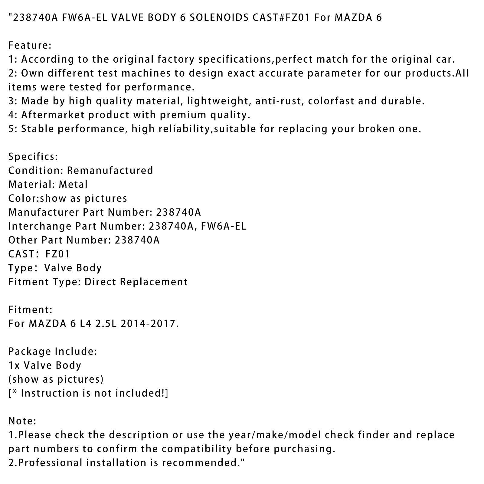 KORPUS ZAWORÓW MAZDA 6 L4 2.5L 2014-2017 6 ELEKTROWODÓW ODLEW#FZ01 238740A FW6A-EL