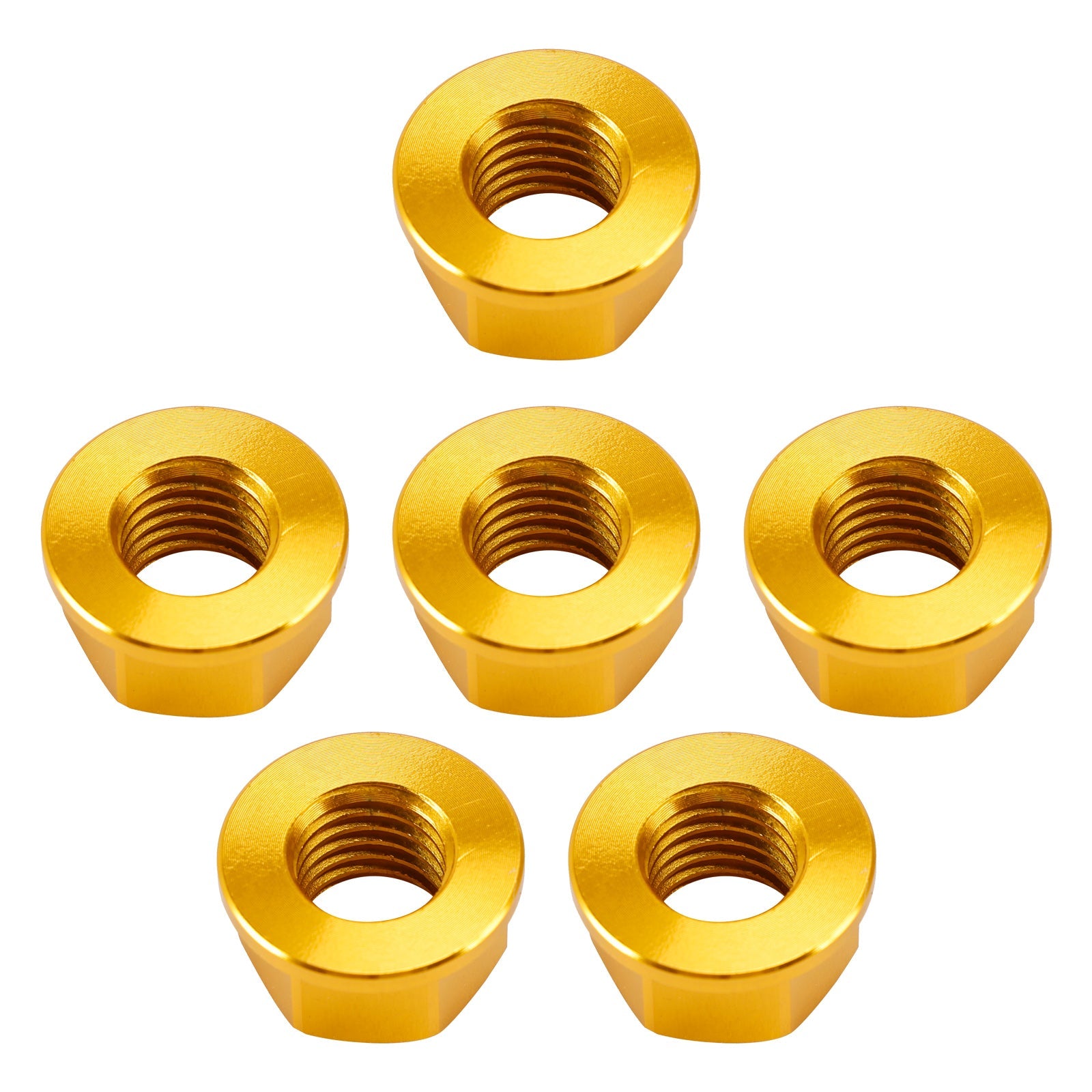 6 stuks M10 x 1,5 mm aluminium achtertandwielflensmoeren, goudkleur, voor motorfiets.