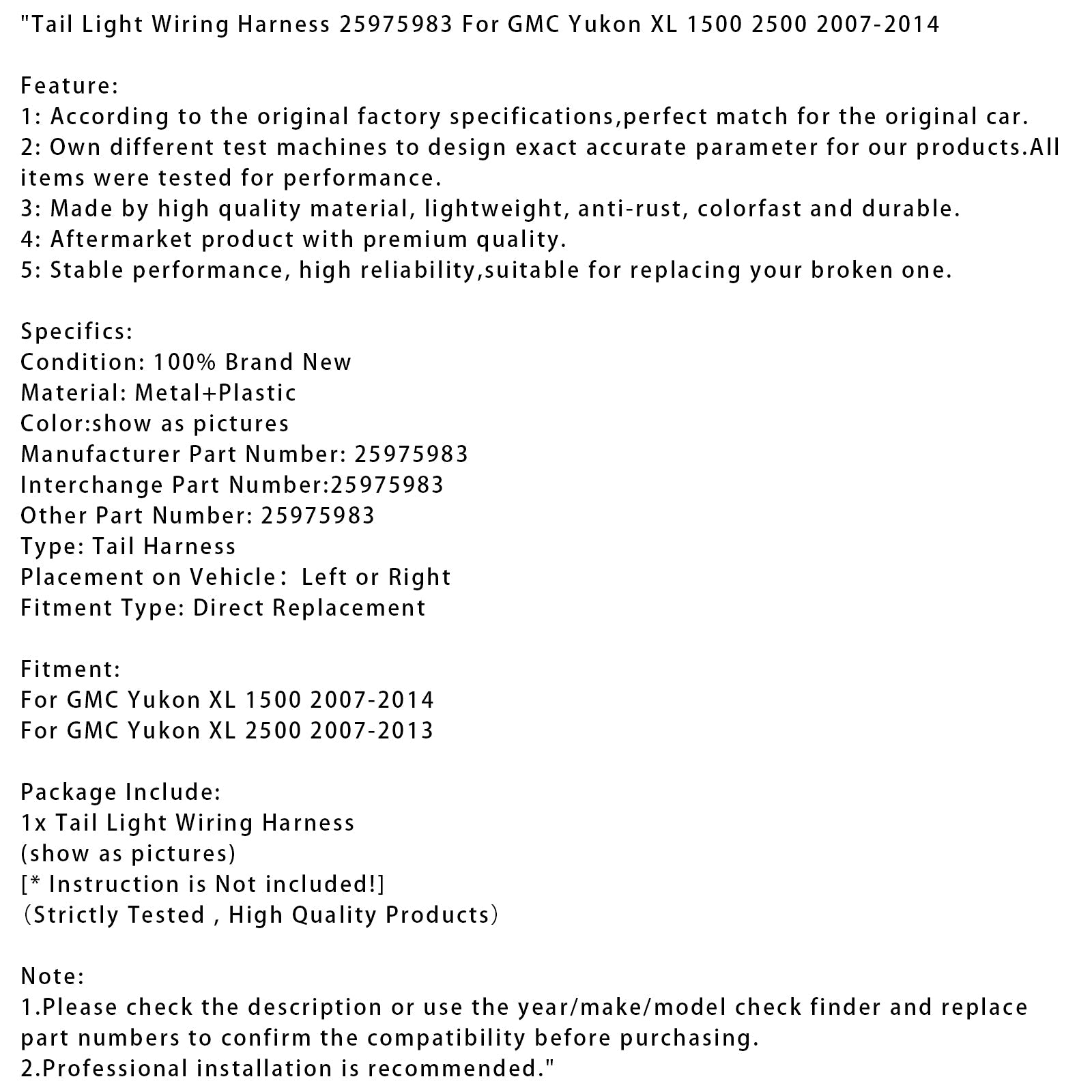 Faisceau de câblage de feu arrière 25975983 pour GMC Yukon XL 1500 2500 2007-2014