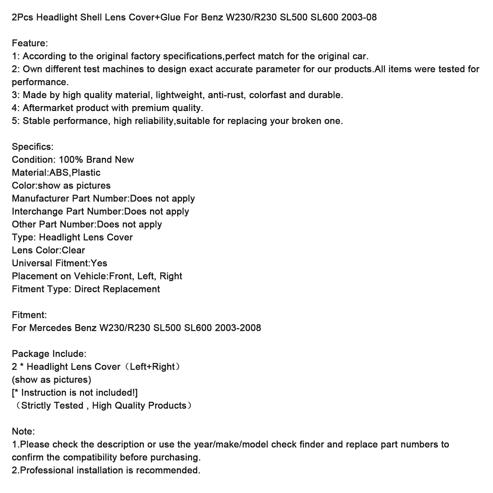 Set di 2 copri fari anteriori e posteriori per Benz W230/R230 SL500 SL600 (2003-2008) con colla