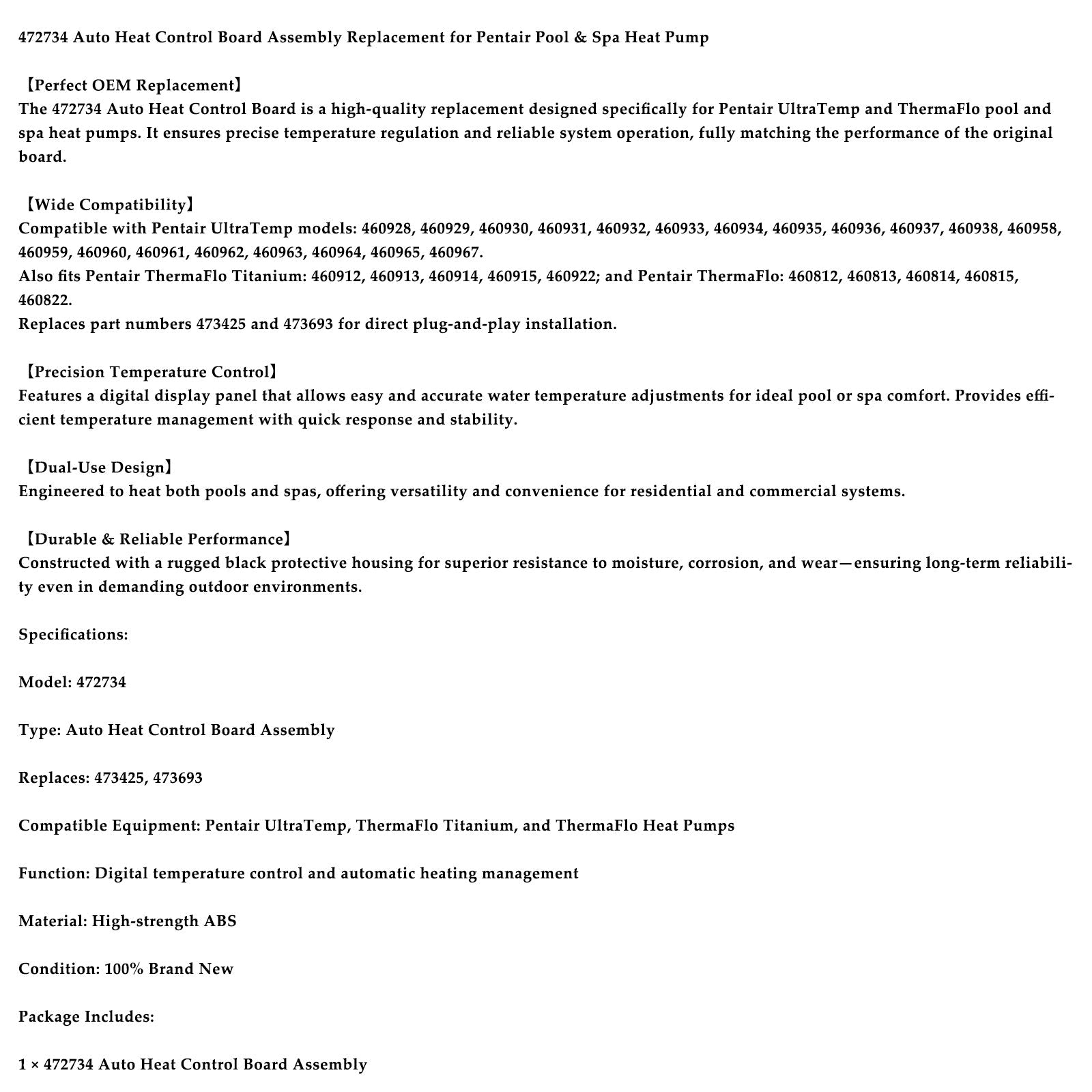 Carte de commande de chauffage automatique 472734, remplacement pour Pentair UltraTemp