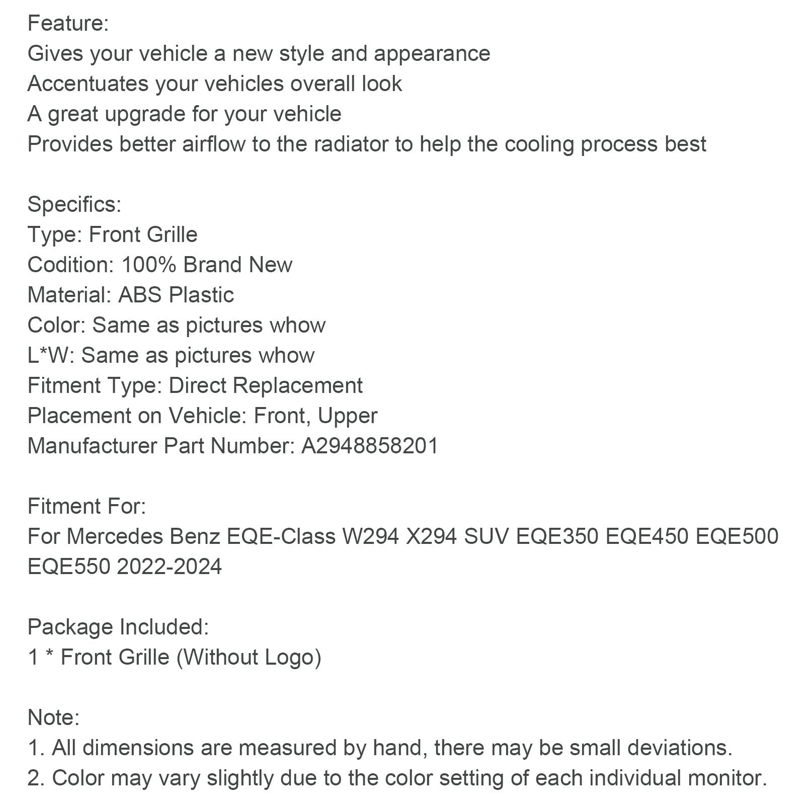 Osłona przedniego zderzaka Mercedes Benz EQE SUV W294 EQE350 EQE550 2022-2024 A2948858201