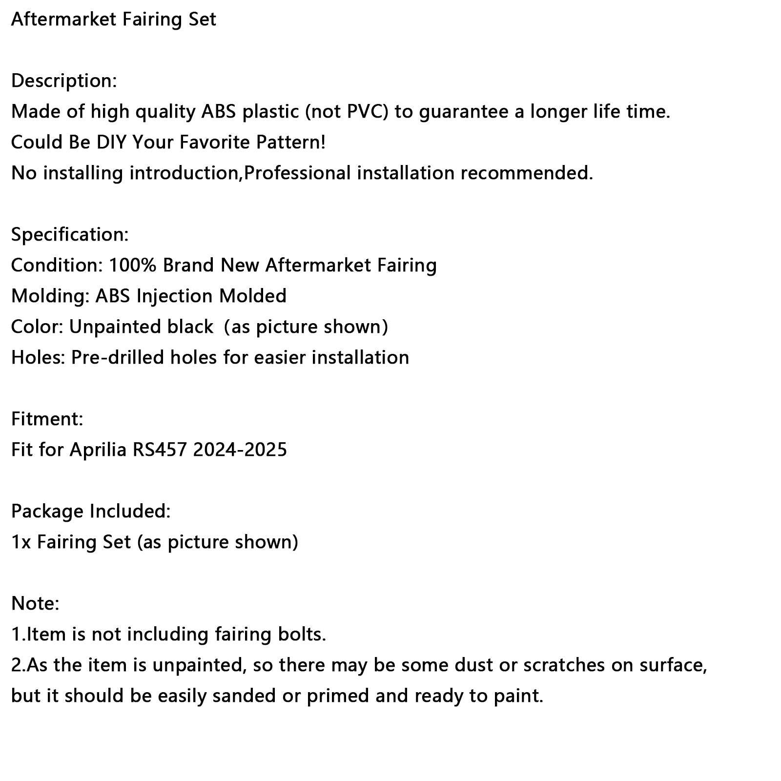 Carénage de carrosserie injecté non peint pour Aprilia RS457 2024-2025