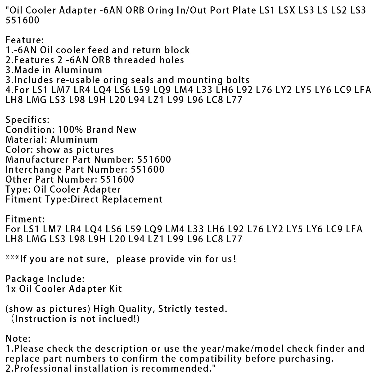 Piastra porta ingresso/uscita adattatore radiatore olio 6AN ORB LS1 LSX LS3 LS LS2 LS3 551600