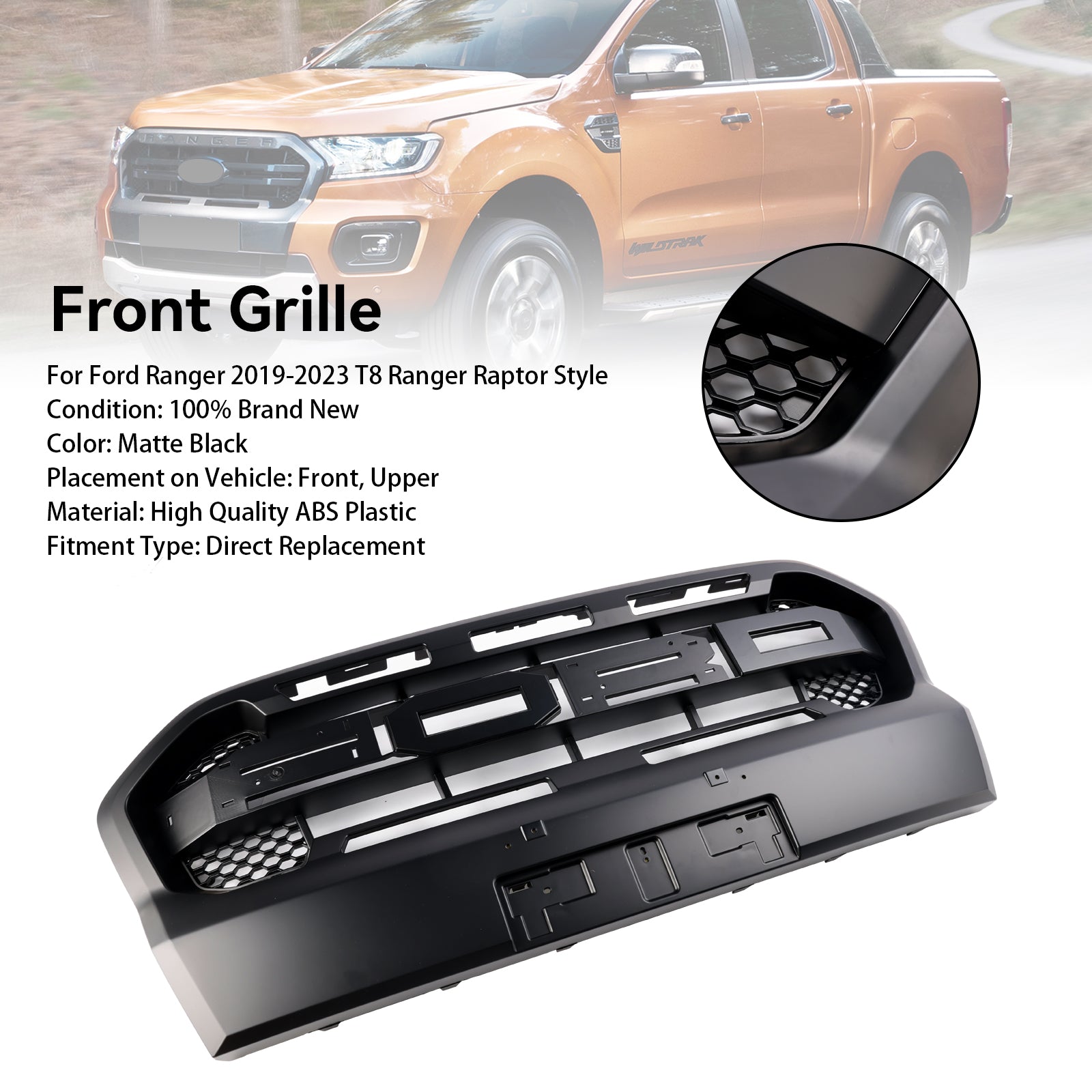 Matt Black Ranger Raptor Style Front Bumper Grille Pour Ford Ranger 2019-2023 T8