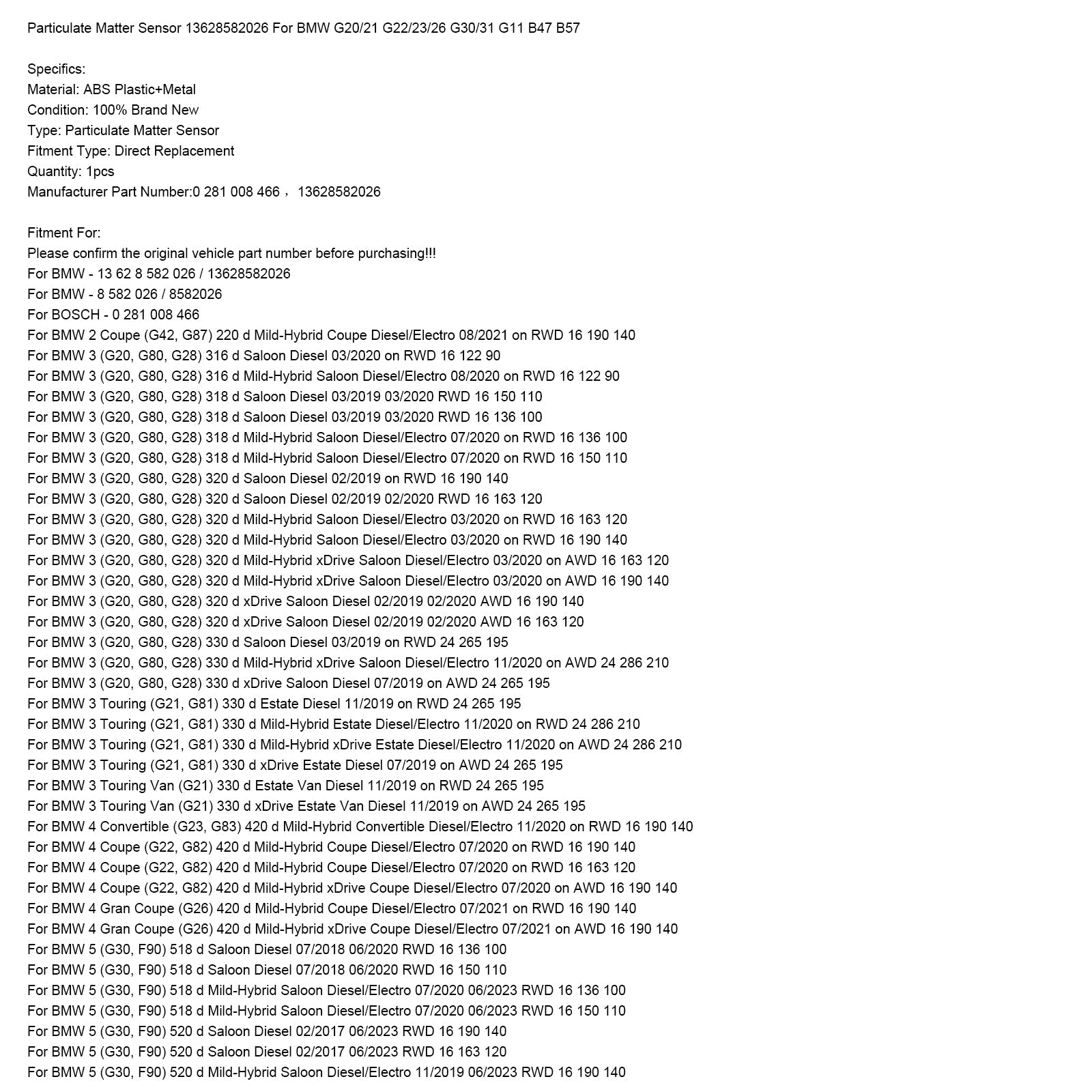 Diesel/sähköinen hiukkasanturi 13628582026 BMW 5 Touringille (G31) 520 D Mild-hybridi murto (11/2019-06/2023)