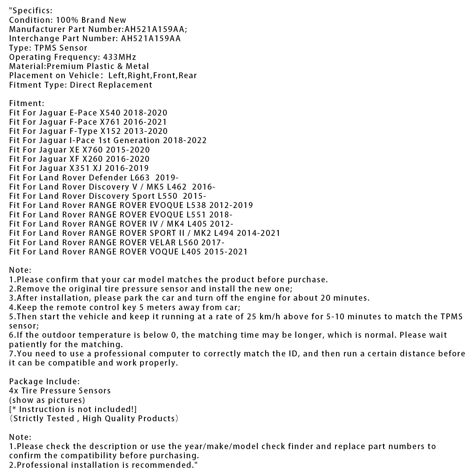 4X TPM Czujnik ciśnienia w oponach dla Land Rover Jaguar AH521A159AA