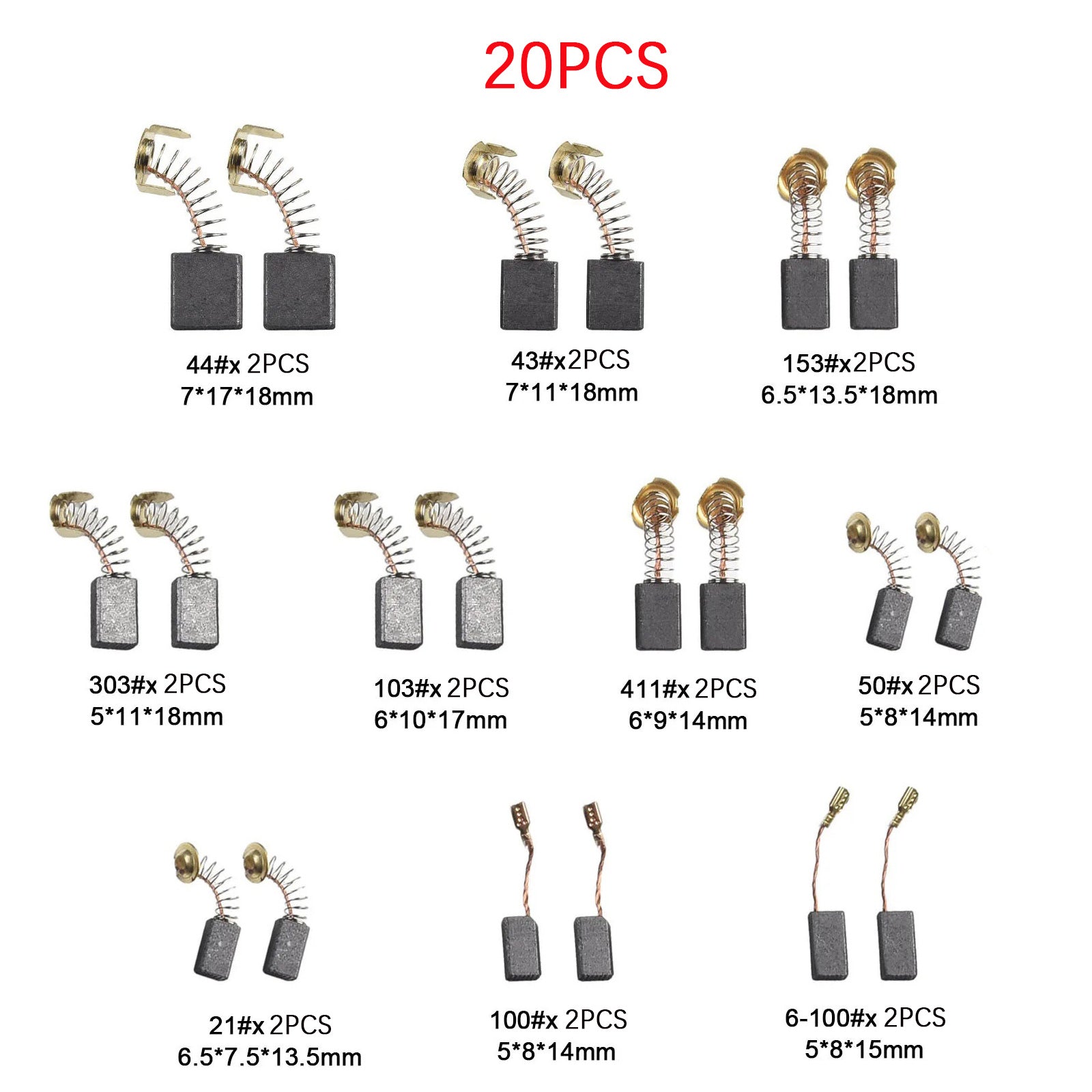 Lot de 20 balais de charbon pour moteur électrique, 10 tailles, pièce de rechange pour réparation d'outils électriques