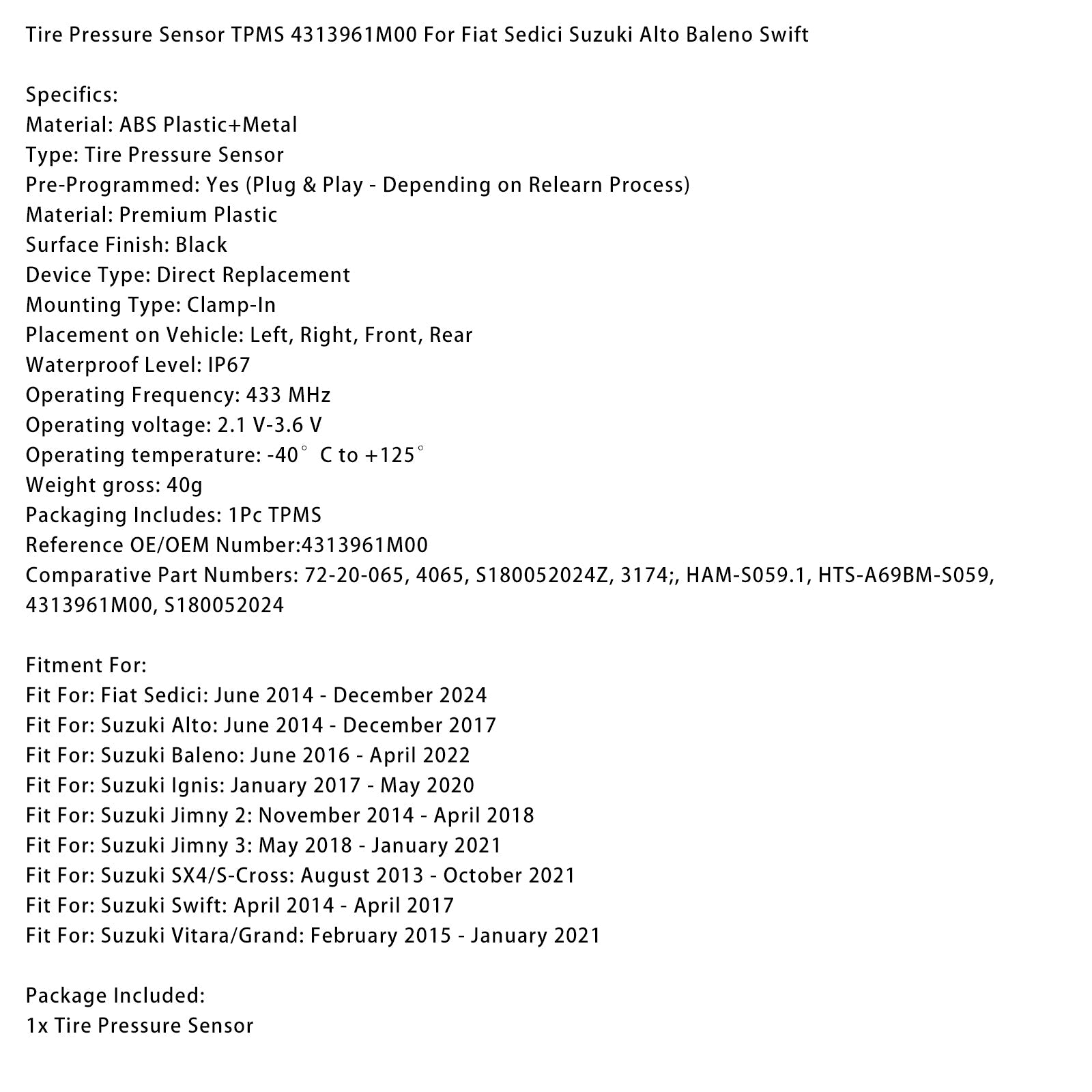 TPMS bandenspanningsensor 4313961M00 voor Fiat Sedici, Suzuki Alto, Baleno en Swift