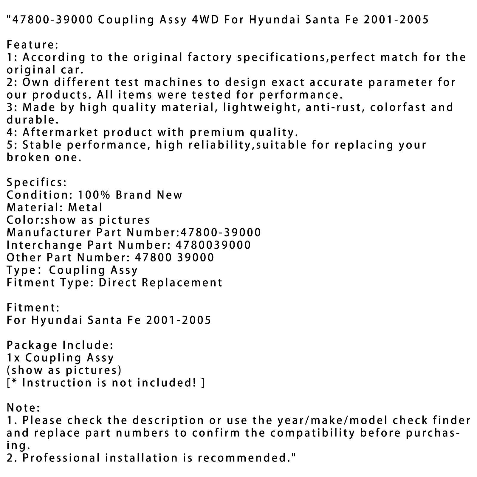 Ensemble d'accouplement 4WD Hyundai Santa Fe 2001-2005 47800-39000