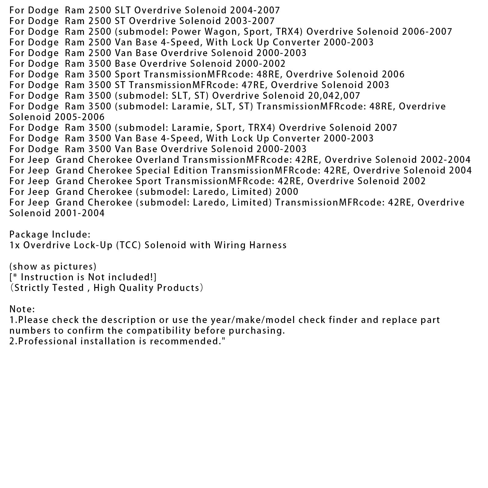 Elektromagnetni ventil TCC Overdrive s kabelskim snopom za Dodge 42RE, 46RE, 47RE, 48RE, A500 in A518