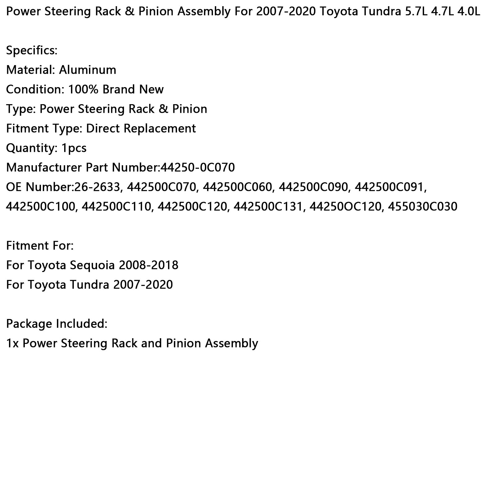 Ensemble de crémaillère et pignon de direction assistée pour Toyota Tundra 2007-2020