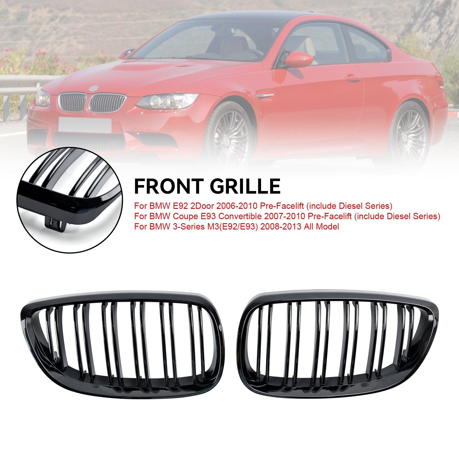 Grille de calandre avant noire brillante pour BMW Série 3 M3 (E92/E93) 2008-2013