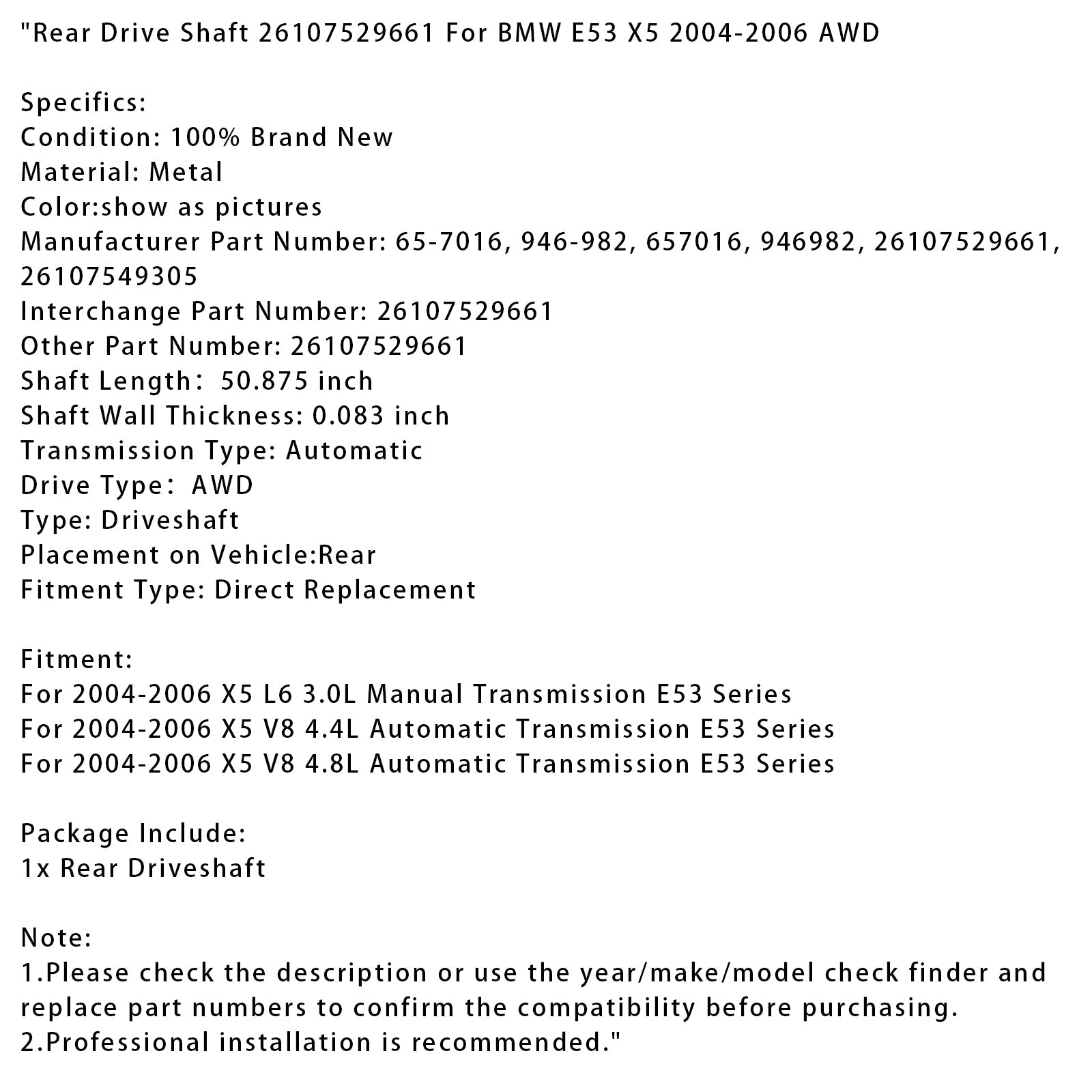 Eje de transmisión trasera 26107529661 para x5 L6 3.0L 2004-2006, transmisión manual, serie E53