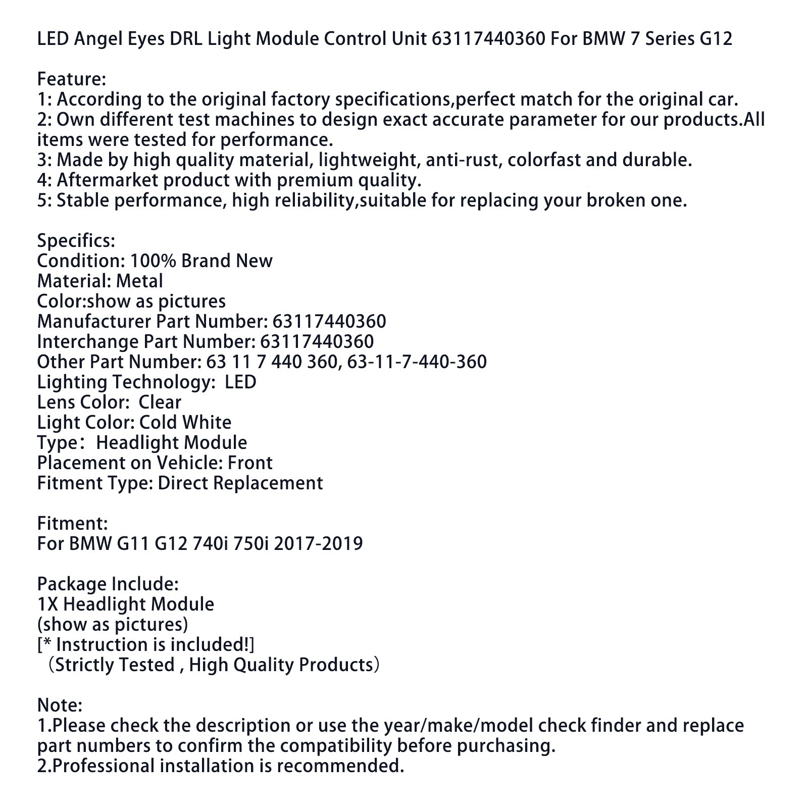 Module de commande d'éclairage LED Angel Eyes DRL pour BMW Série 7 G11 G12 740i 750i 2017-2019 63117440360