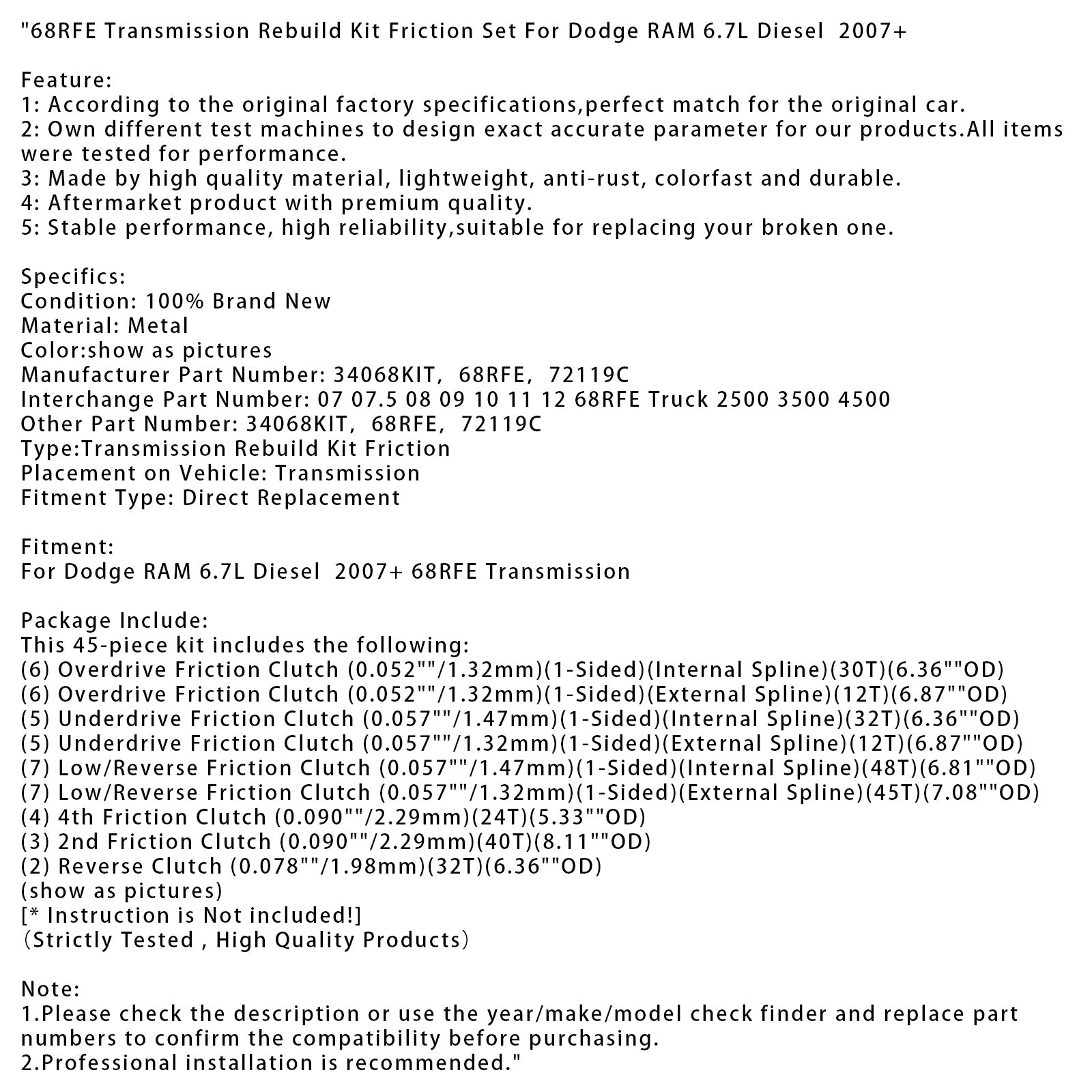 68RFE Vaihteiston korjaussarja Dodge RAM 6.7L Dieselille (2007 ja uudemmat) - Kitkalevysetti