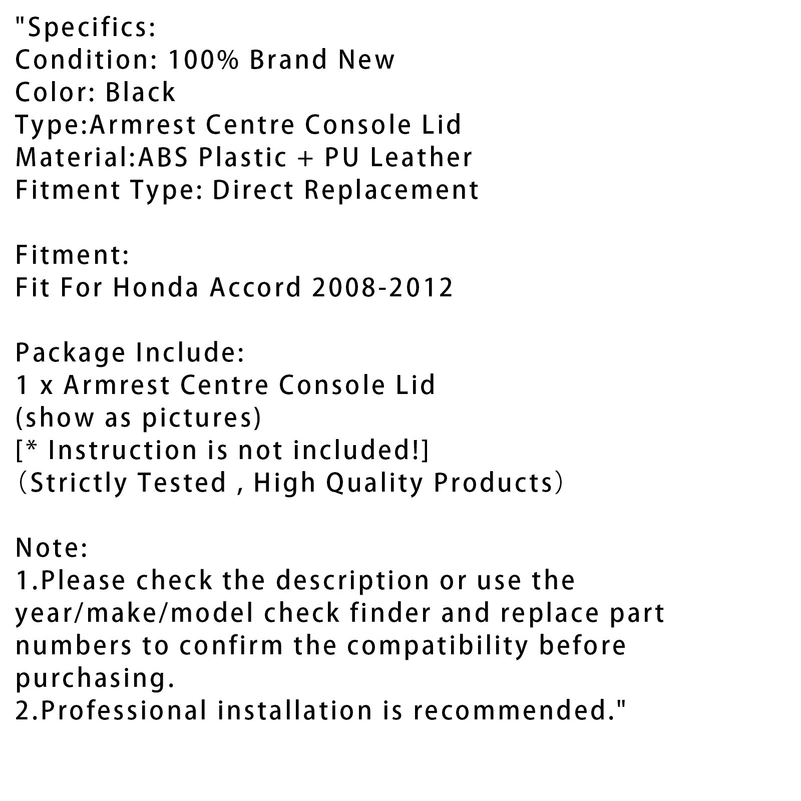 Cubierta de consola Powerbag de cuero negro para Honda Accord 2008-2012