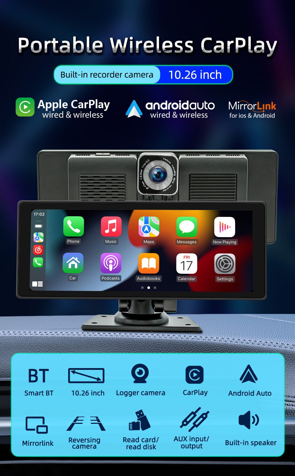 10,26" Carplay sans fil Bluetooth Radio FM Voiture MP5 Lecteur AHD Enregistreur Caméra