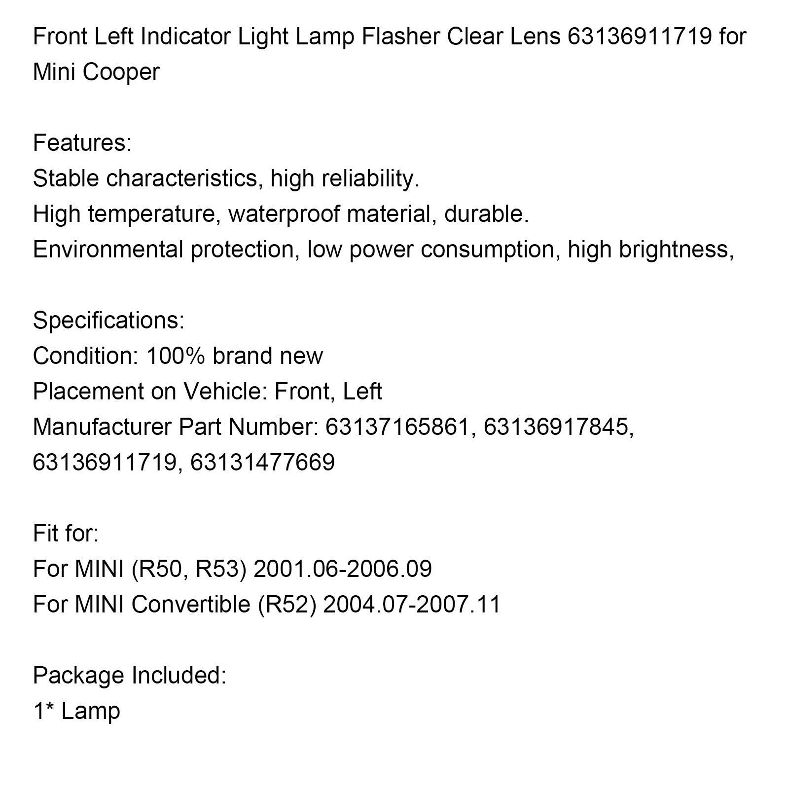Richtingaanwijzer linksvoor, heldere lens 63136911719 voor Mini Cooper