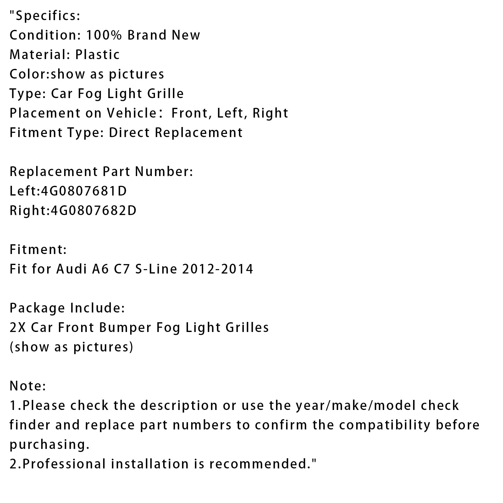 Grilles de phares antibrouillard pour pare-chocs avant Audi A6 C7 S-Line 2X 2012-2014