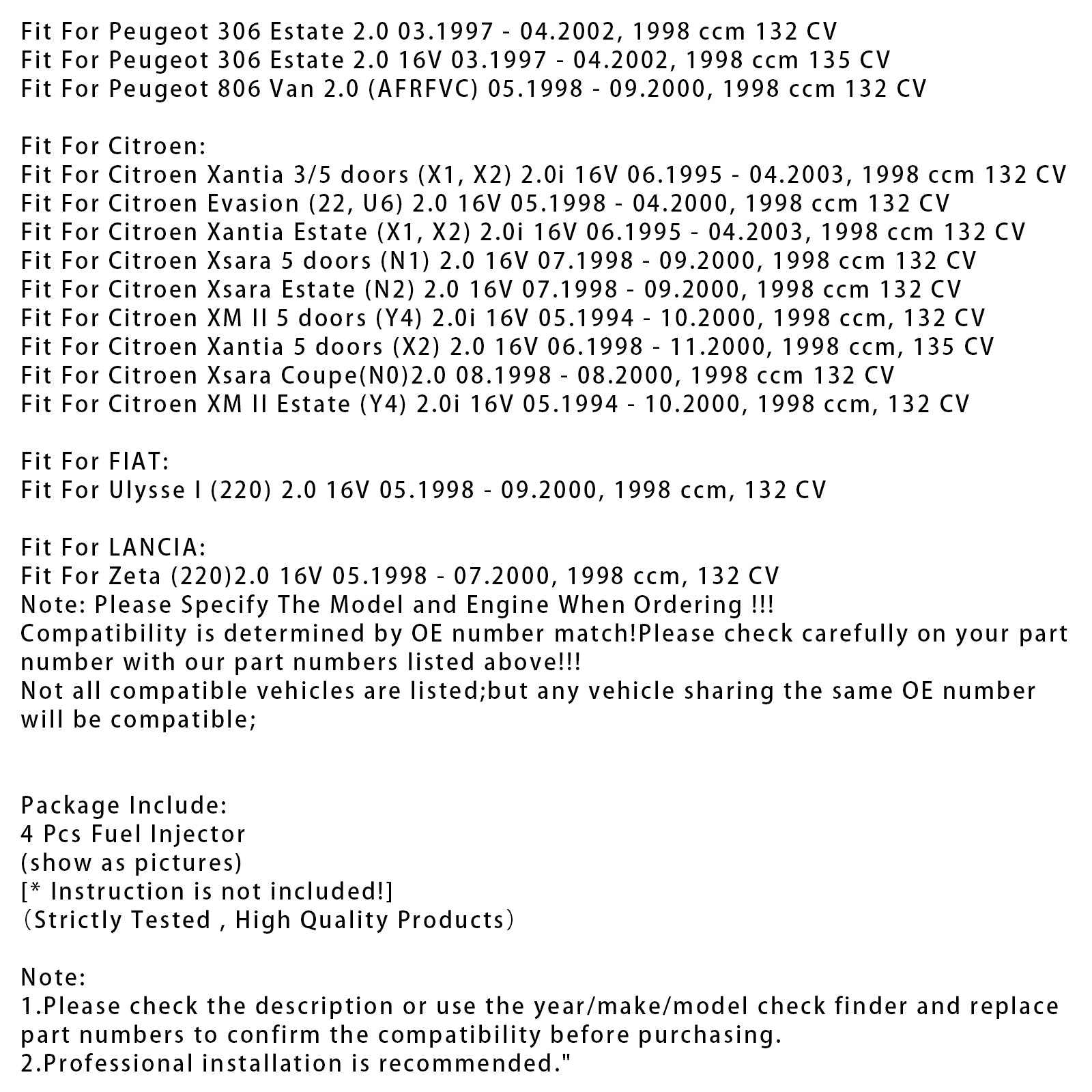 4 injecteurs de carburant pour Peugeot 806 605 306 406 2.0 16V 0280155803 96288914
