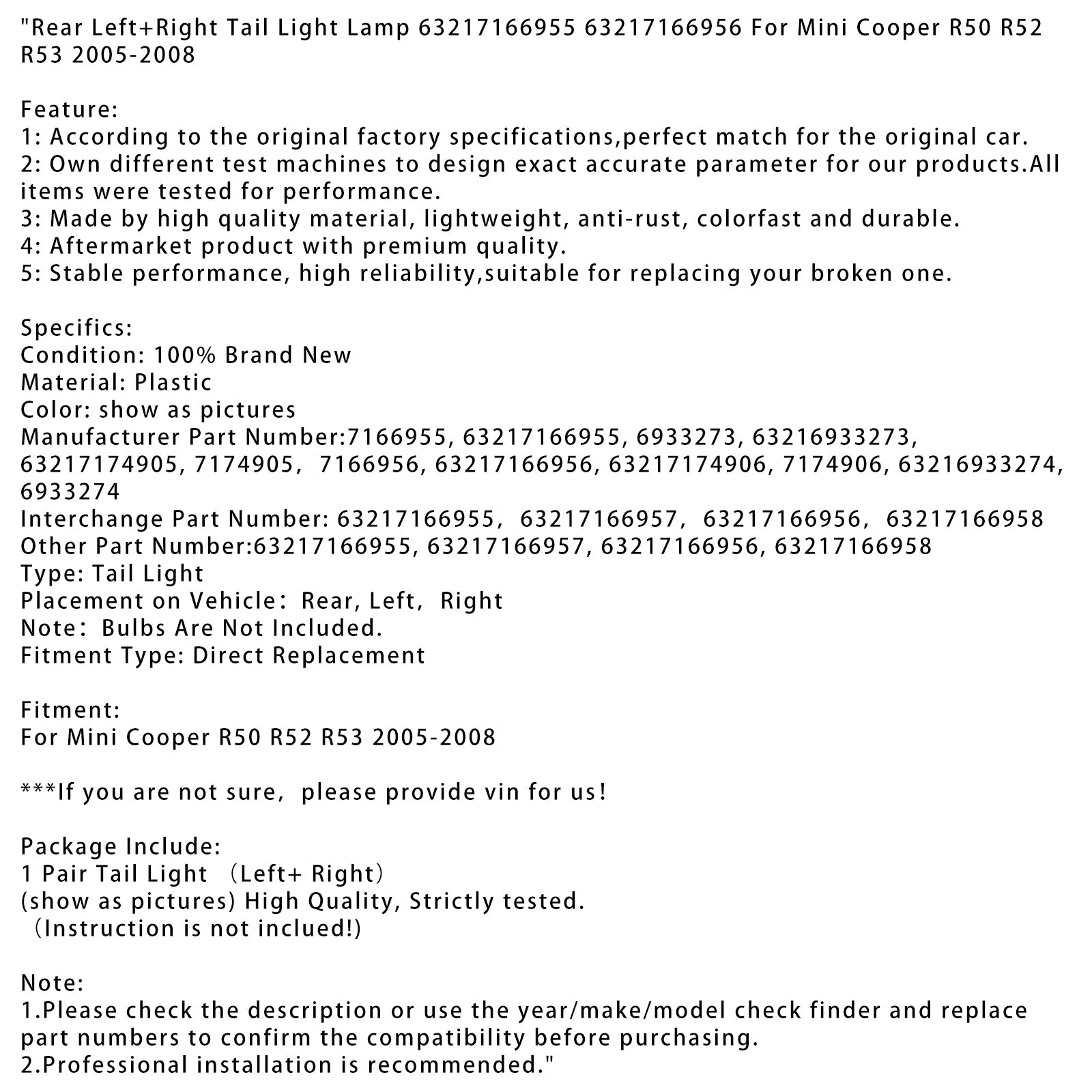 Luz trasera izquierda y derecha para Mini Cooper R50 R52 R53 2005-2008 63217166955 56