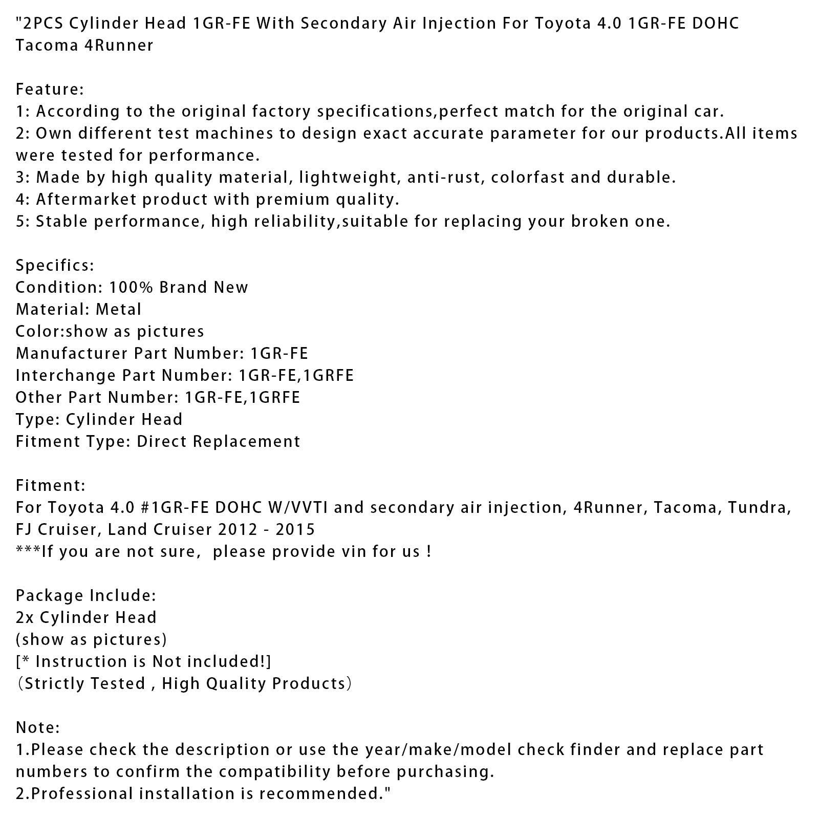 Culasse 2 pièces 1GR-FE avec injection d'air secondaire pour Toyota 4.0 1GR-FE