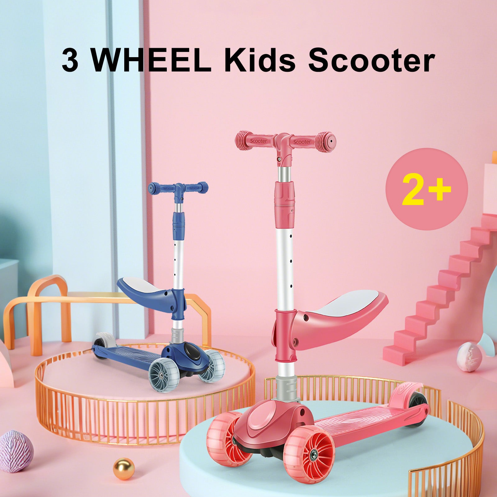 Trottinette Enfant 2 en 1, 3 Roues, à Siège Pliable et Barre Réglable avec Lumière - Bleu ou Rose