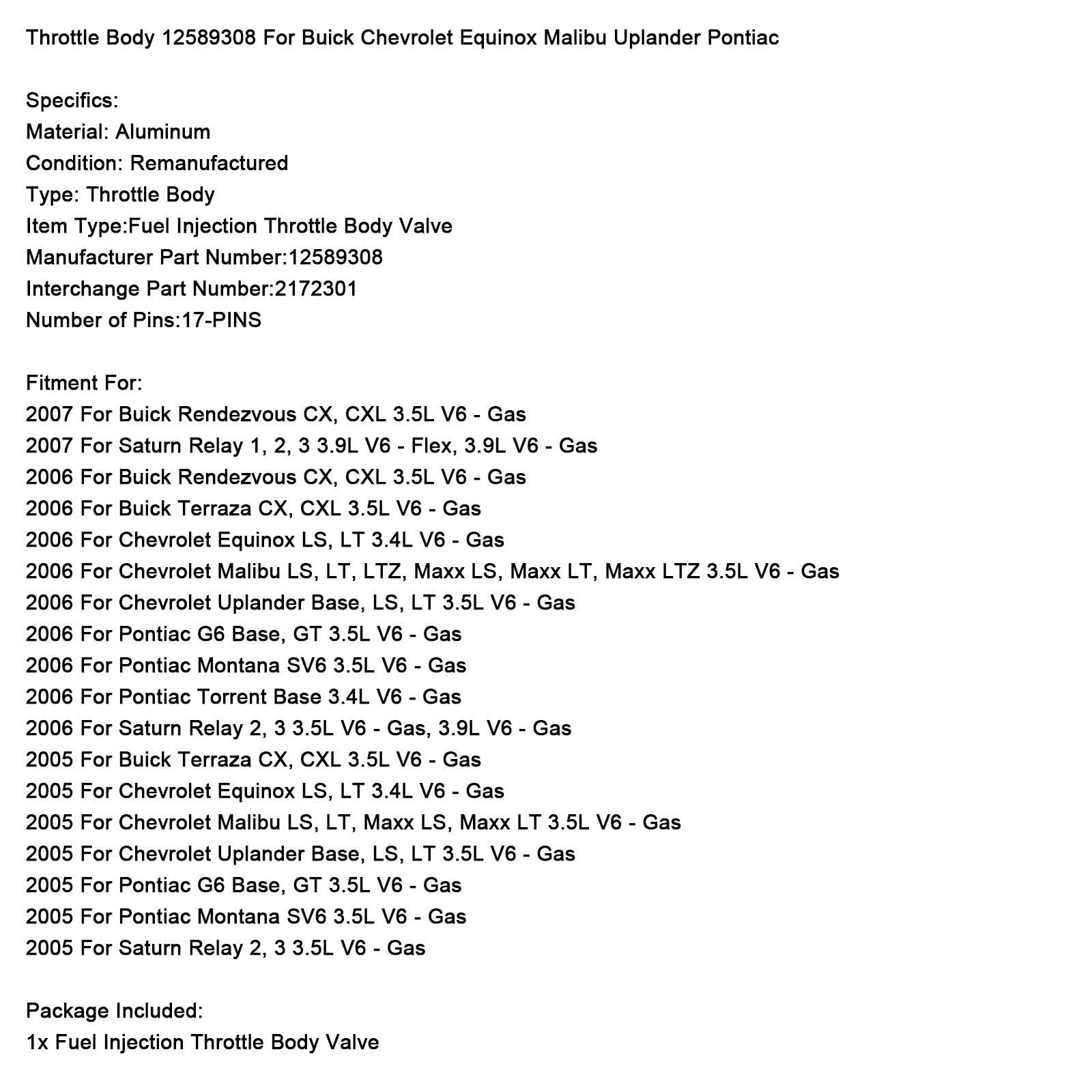 Gasklephuis 12589308 voor Buick Chevrolet Equinox Malibu Uplander Pontiac