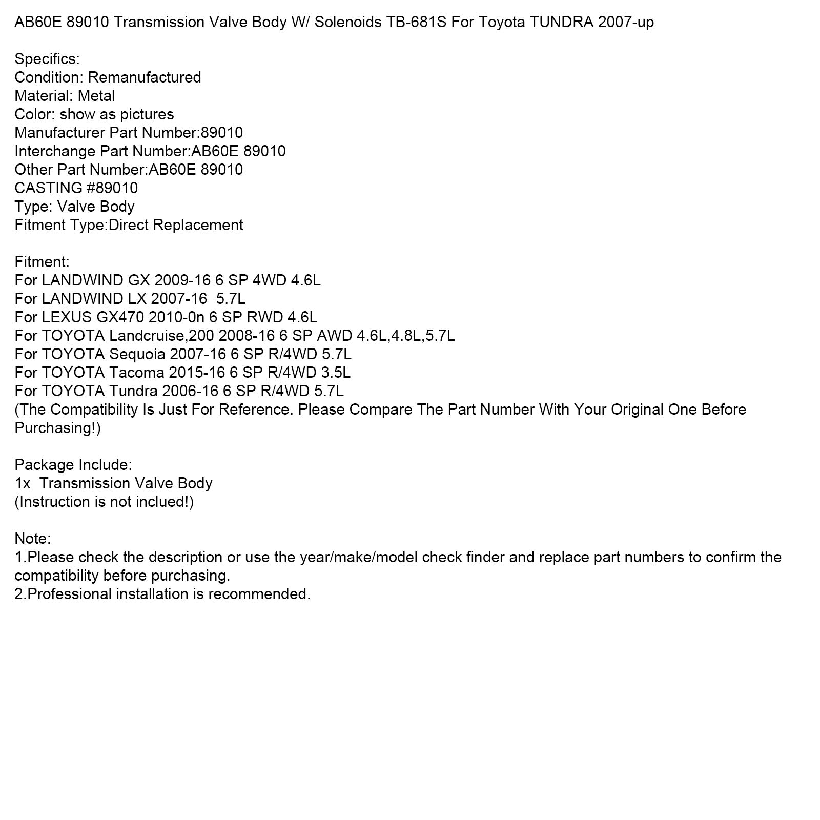 TB-681S Corpo valvola di trasmissione per Toyota Sequoia Tundra 5.7L