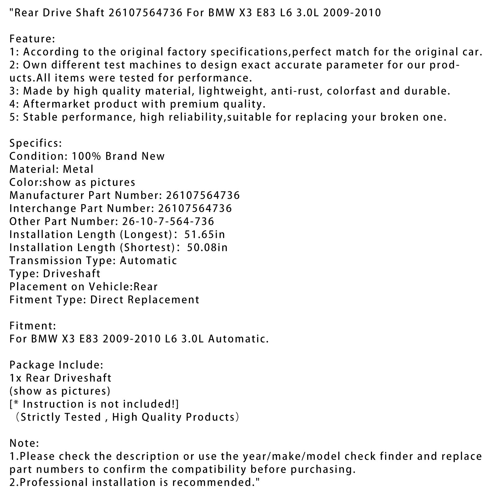 Arbre de transmission arrière 26107564736 pour BMW X3 E83 L6 3.0L 2009-2010