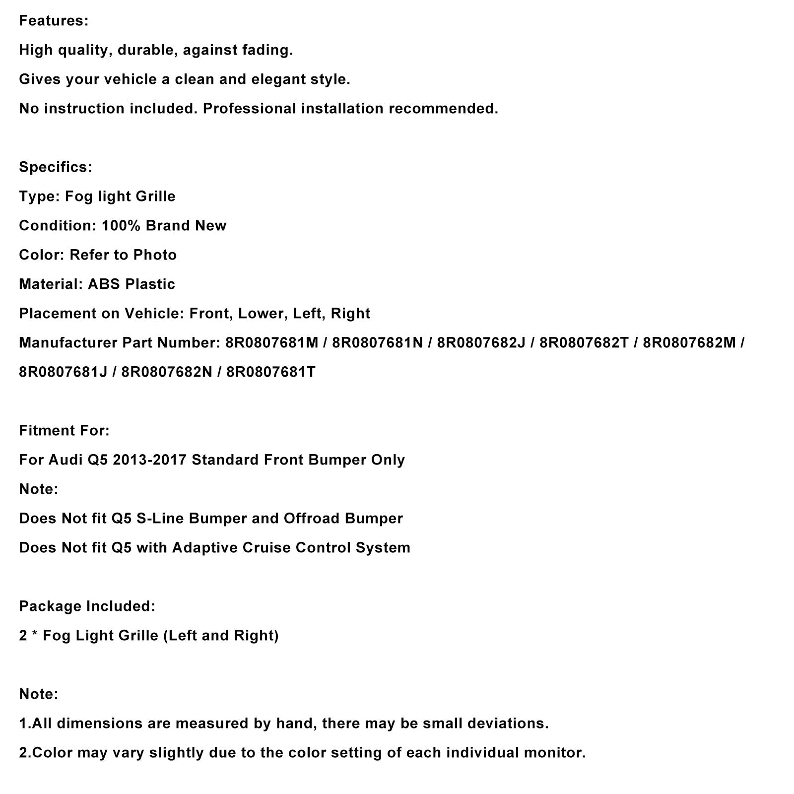 Zwarte grille voor de voorbumper van de Audi Q5 (2013-2017) - Onderdeelnummer : 8R0807681M