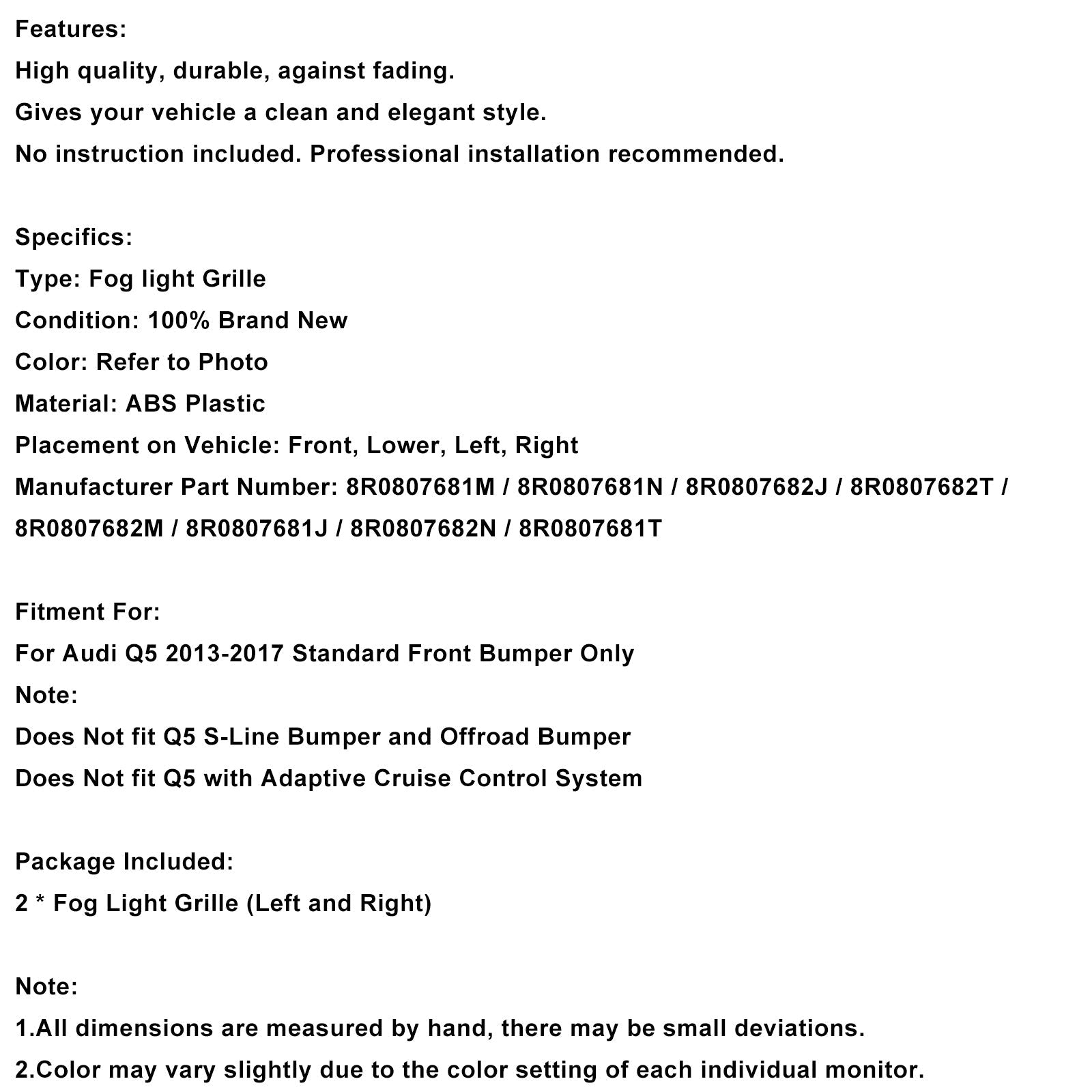 Grille de pare-chocs avant avec feux antibrouillard pour Audi Q5 (2013-2017) - Référence : 8R0807681M