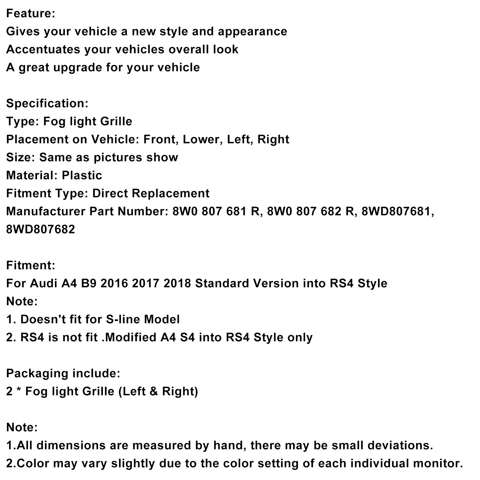 Lower bumperrooster voor mistlampen vooraan audi A4 B9 2016-2018, 2 stuks