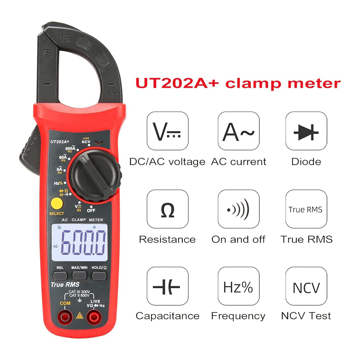 UT202A+ Digitale stroomtang, 6000 tellingen, automatische bereikselectie, True RMS-multimeter, NCV