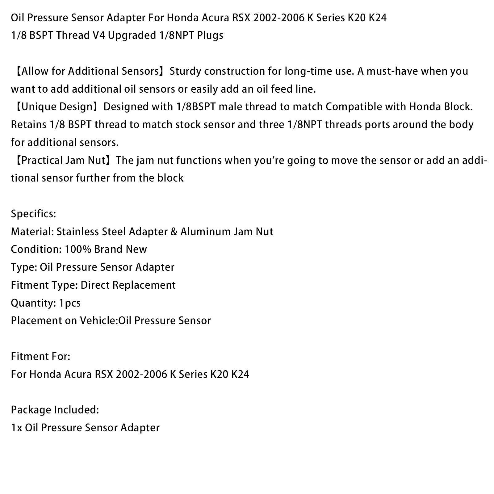 Adaptateur de capteur de pression d'huile pour Honda Acura RSX série K K20 K24 (2002-2006)