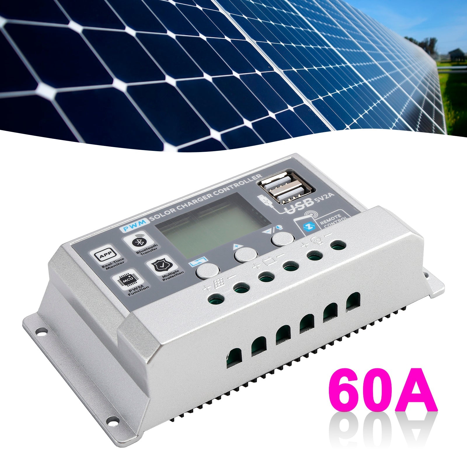 Contrôleur solaire PWM 10A-60A, application mobile, contrôle intelligent
