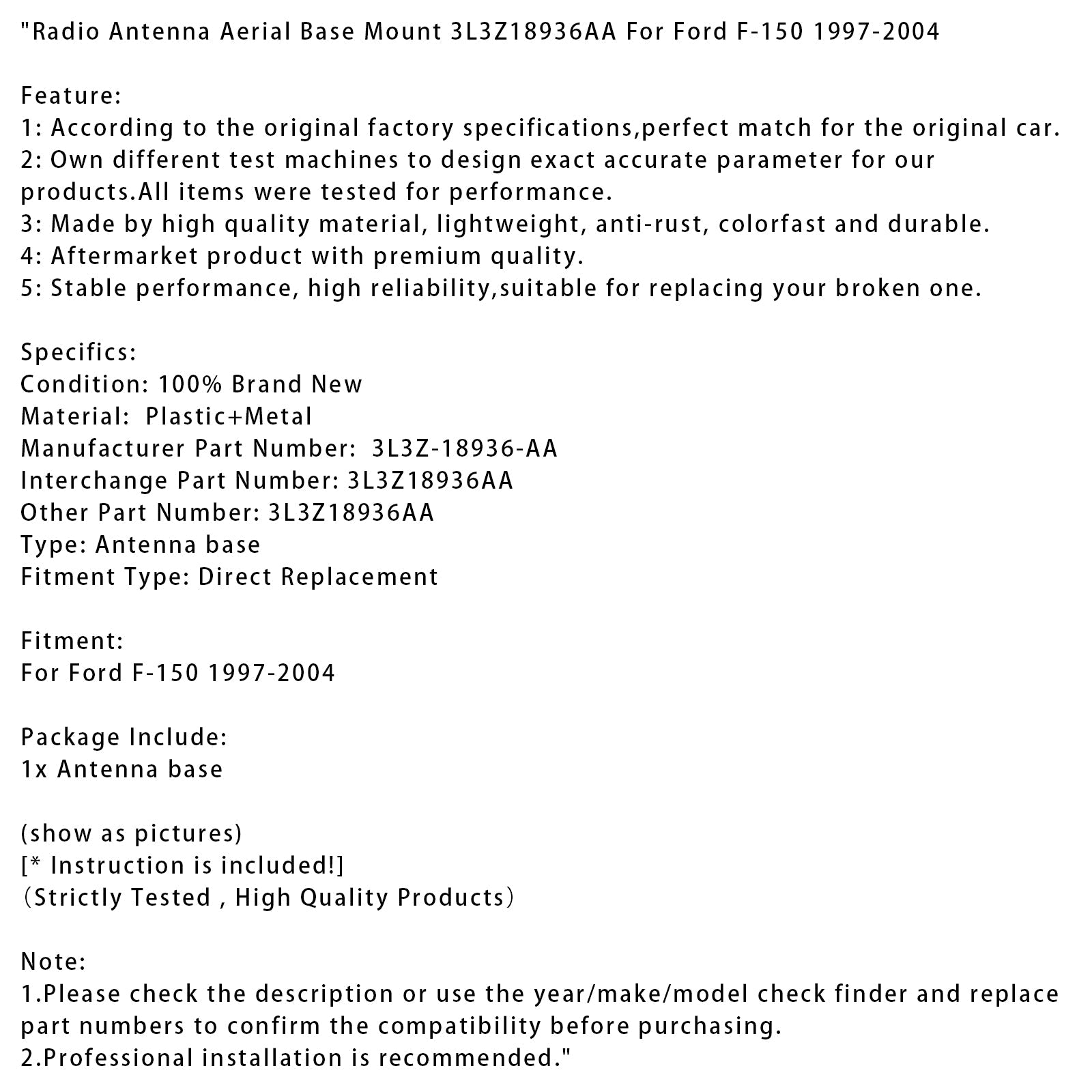 Ondersteuning d'radioantenne voor Ford F-150 1997-2004 3L3Z18936AA