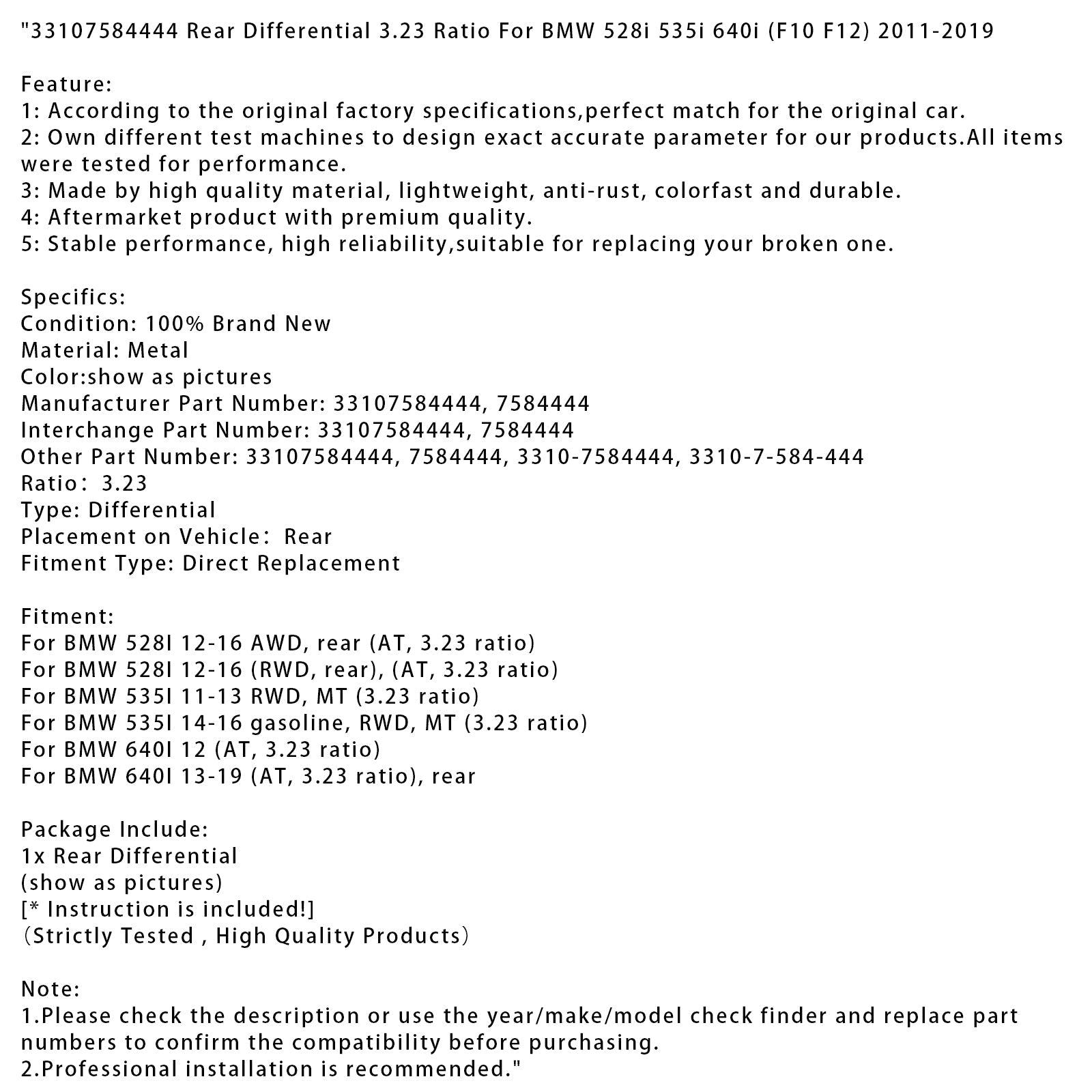 BMW 528i AWD 2012-2016 Takaero 3310758444, raportti 3.23